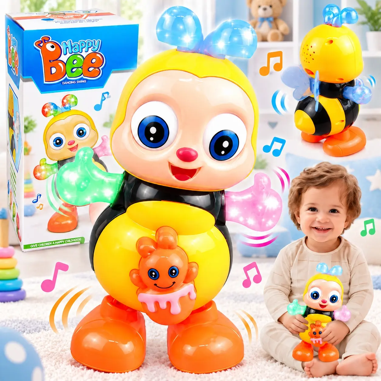 Interactive Bee Toy for Toddlers, Musical Light Up Electric Kids Toy with LED Lights, Music & Sounds, Cute Moving Bee Learning Toy, Birthday Gift for Boys and Girls