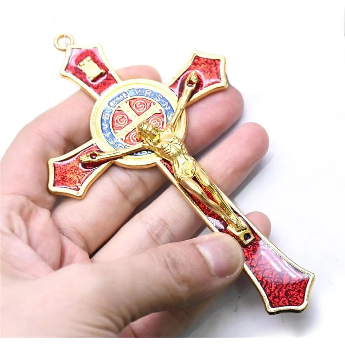 Saint Benedict Benedictine Red Enamel 4.7X2.7 Inch Protection Wall Crucifix Cross Catholic San Benito Medalla Prayer Decoration