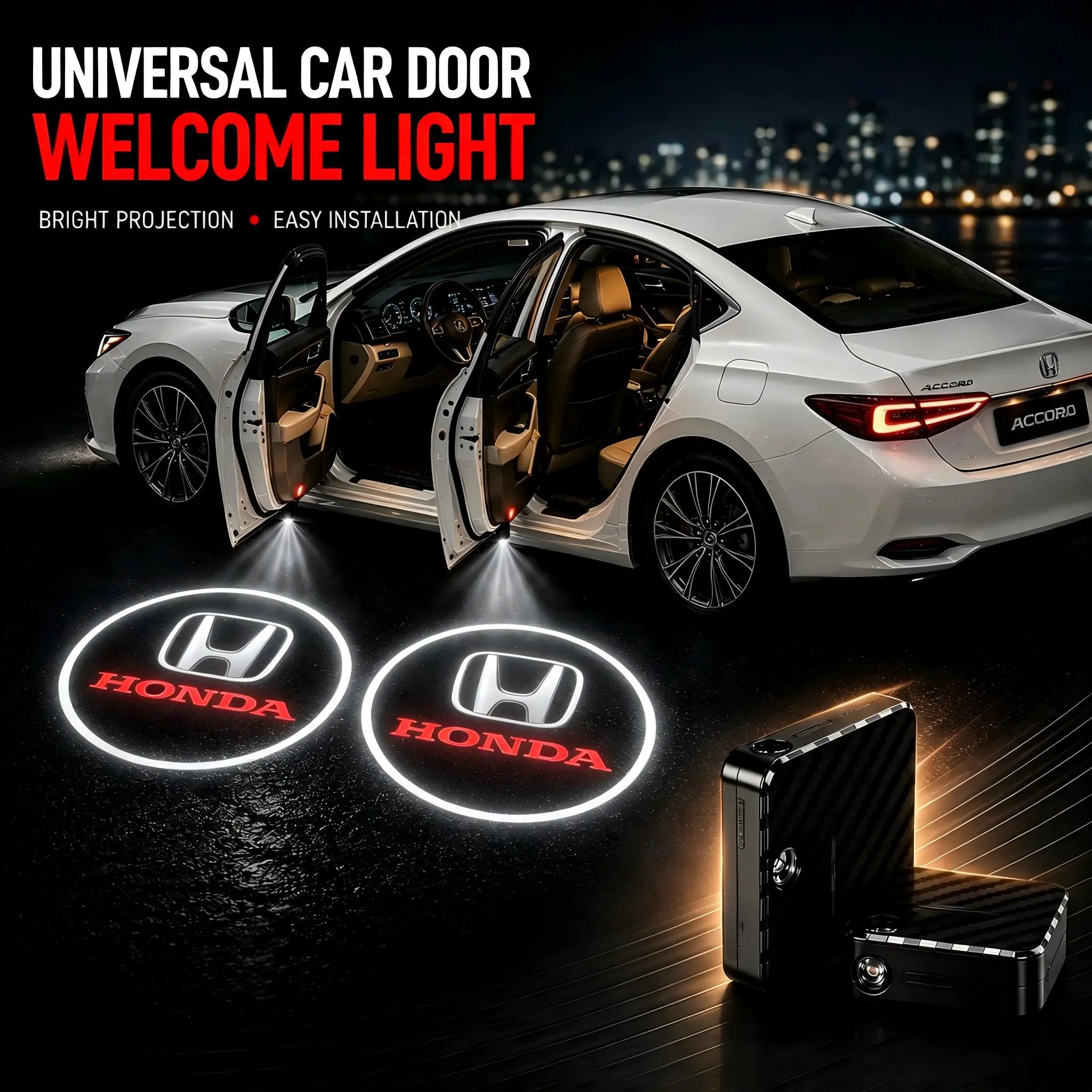 2Pcs New Universal Door Welcome Lights LED Logo Projector For suitable for Honda, Nissan, and Tesla models, with door marker lights and projection light accessories.