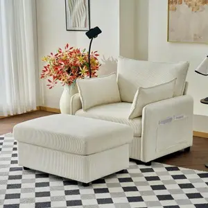 55" Oversized Chaise Lounge Chair Indoor with Ottoman and Storage , Comfy Corduroy Single Sofa, Upholstered Deep Seat Chaise Lounge with Pillows for Living Room, Bedroom, Apartment, Beige