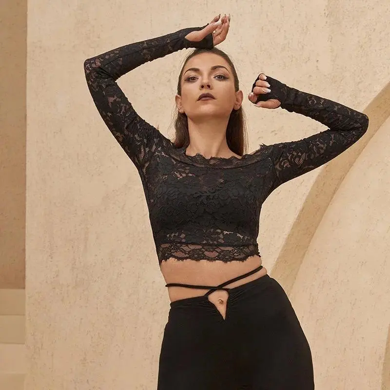 Women's Latin Dance Lace Long Sleeve One Shoulder Leotard - Gymnastics Workout & Performance Tops for Adults