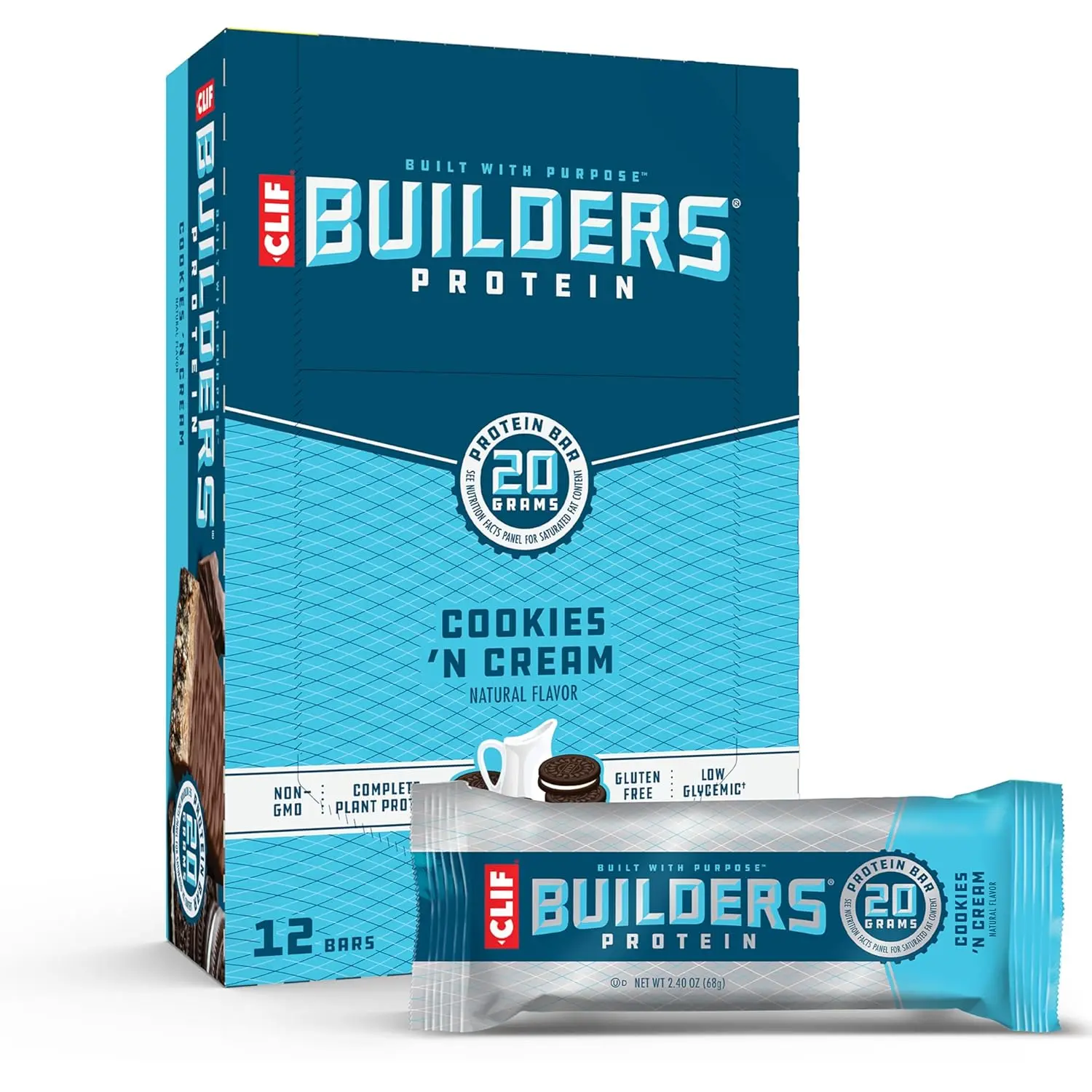 Clif BUILDERS Plant-Based High Protein Gym Snack Bars - Cookies 'n Cream (Chocolate-Cocoa) Flavor, 20g Protein, 2.4oz, 12-Pack, Gluten Free, Vegetarian, Non-GMO, Low Glycemic, No Artificial Sweeteners, 24-Month Shelf Life, Chilled, Contains Soy