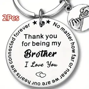 2Pcs Stainless Steel Round Keychain Thank You For Being My Brother, Commemorative Keychain Brothers' Blessing Accessories Gift For Friends Brothers