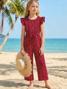Tween Girls Valentine's Day Fashion Heart Print Sleeveless Jumpsuit + Belt, Stylish Wood Trim One-Piece, Perfect for Special Occasions