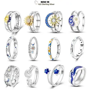 Rings For Women 925 Sterling Silver Star Moon Sun Blue Zircon Size 6-9# Overlap Original Ring Fine Wedding Engagement Jewelry