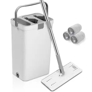 Flat Mop and Bucket System, Separates Dirty and Clean Water, Hands-Free Floor Mop and Bucket with Wringer Set for Home, Include 3 Reusable Microfiber Mop Pads, Home Cleaning for All Floor Types