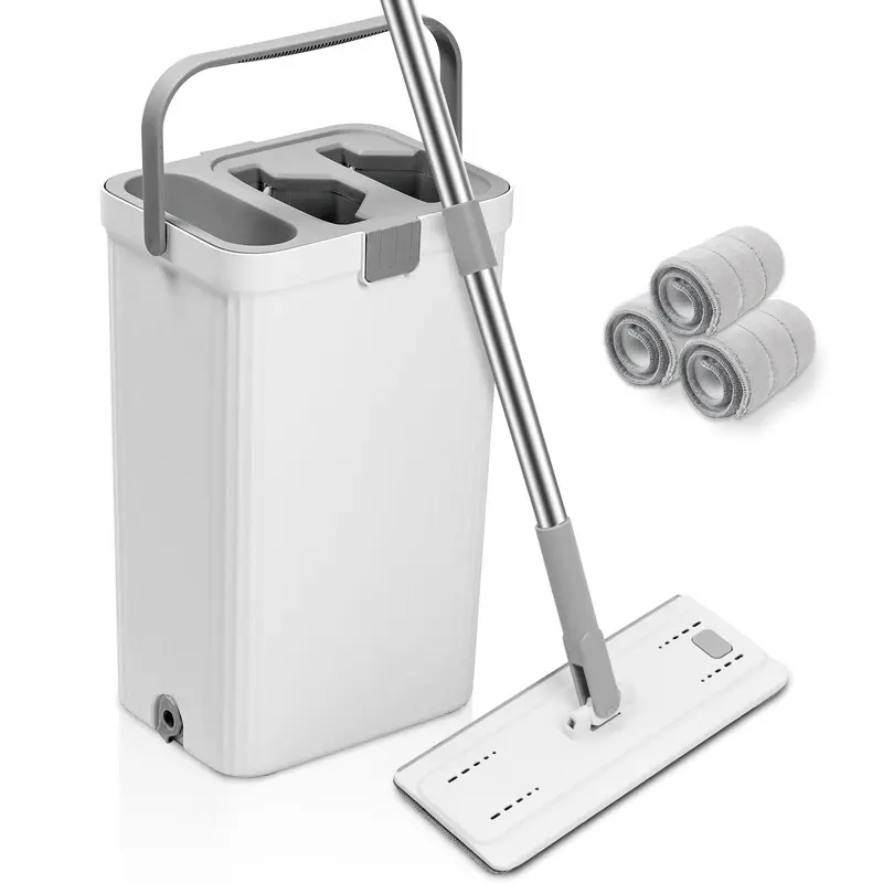 Adjustable Mop and Bucket Set with Wringer - ABS Cleaner, Household Items for Floor Cleaning, Dirty-Clean Water Separation, Hands-Free Easy Mopping, 3 Reusable Microfiber Heads, All Floor Types, Bucket System Mops