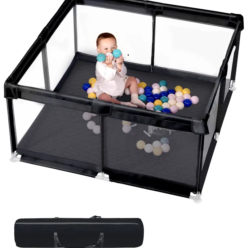 Dearlomum Extra Large Baby Playpen (50"x50"/71"x59") for Babies & Toddlers, Safe Activity Center with Soft Play Fence, Indoor Safety Enclosure, Nonremovable Waterproof Thick Mat, Easy to Assemble & Clean, Black/Gray Sturdy Safe Playard