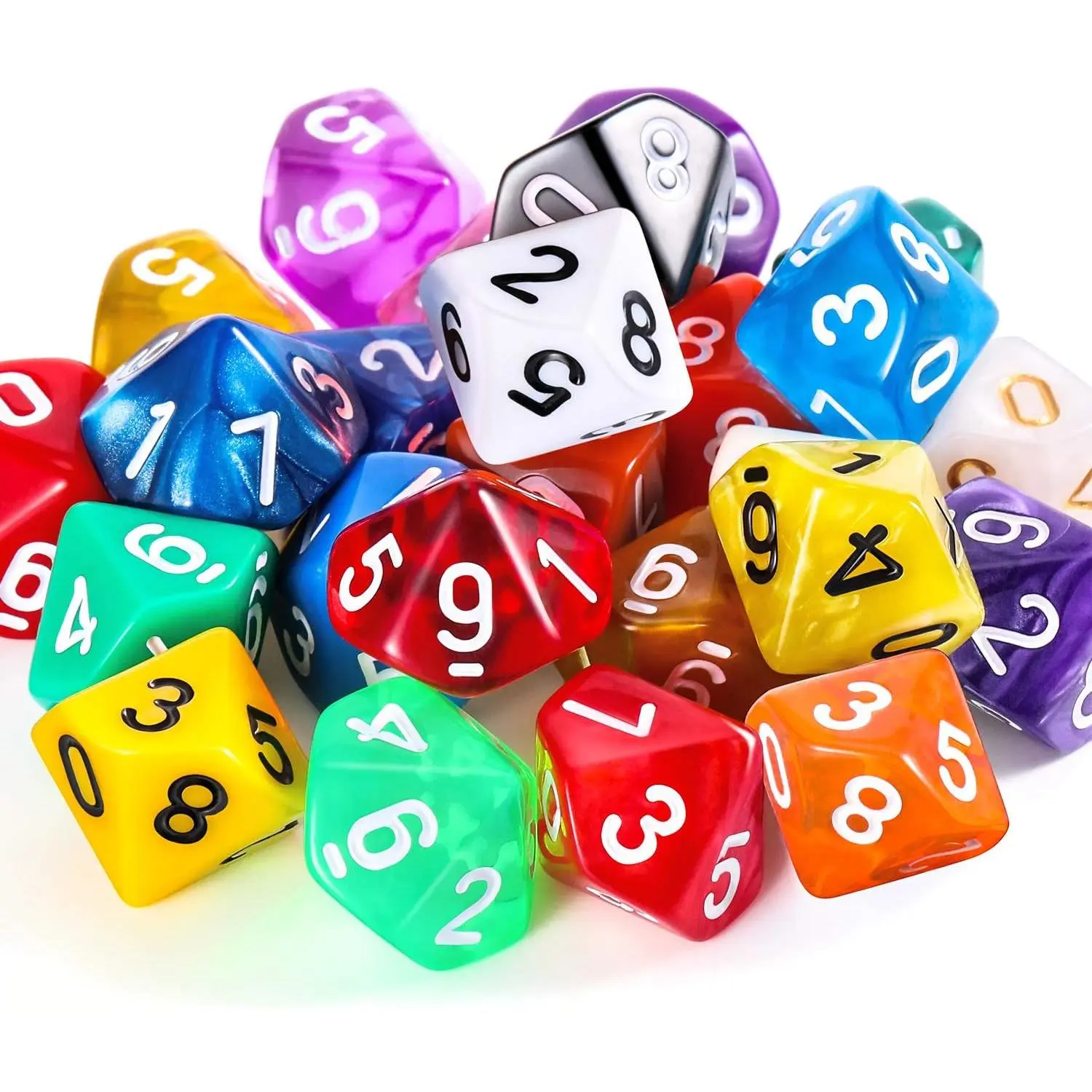 TecUnite 25-Piece Neon Glitter Waterproof Acrylic 10-Sided Dice Set with Black Pouch, Assorted Multi-Colors for Board Games & Teachers, 25 Pieces