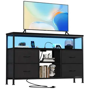 TV Stand with LED Light and Power Outlets, Entertainment Center with Fabric Drawers and Open Shelves, 41.7" TV Cabinet for TVs up to 45 Inch, Media Console for Living Room, Bedroom TV stand, 4 drawers, with LED lights and power sockets, 50-inch TV living