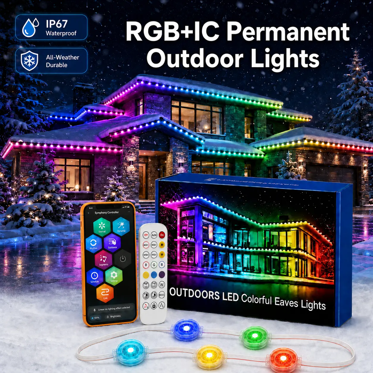 Permanent Outdoor RGB-IC Lights for House,Waterproof, IP67 LED Eave Lights with App/Remote Control, Outdoor Permanent led Lighting for House Roof Decor,Christmas,Party,All Holiday and Daily home makeover music sync