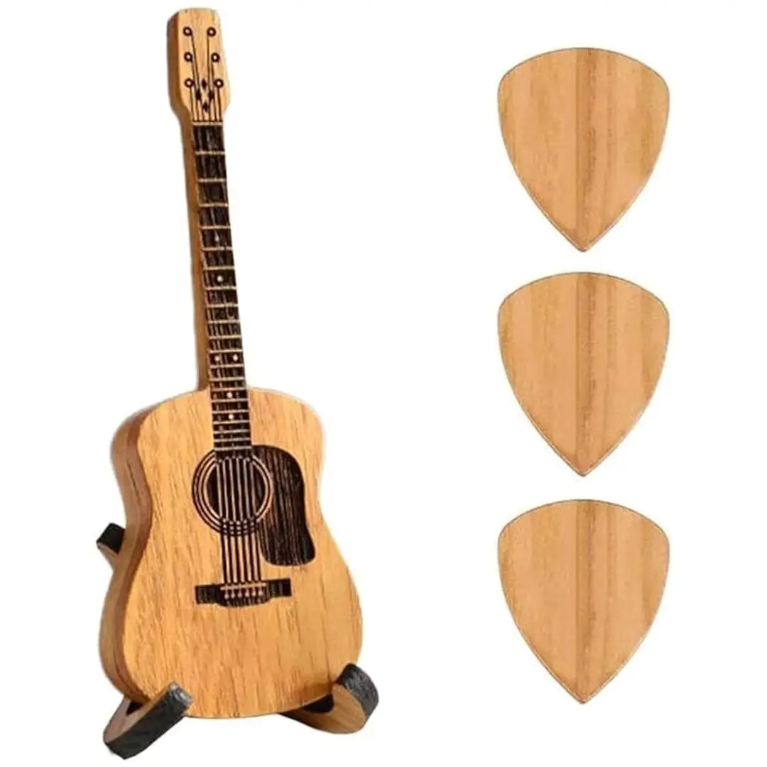 Handmade Wooden Guitar Pick Box with Stand and 3 Picks Perfect Gift for Guitarists and Guitar Lovers