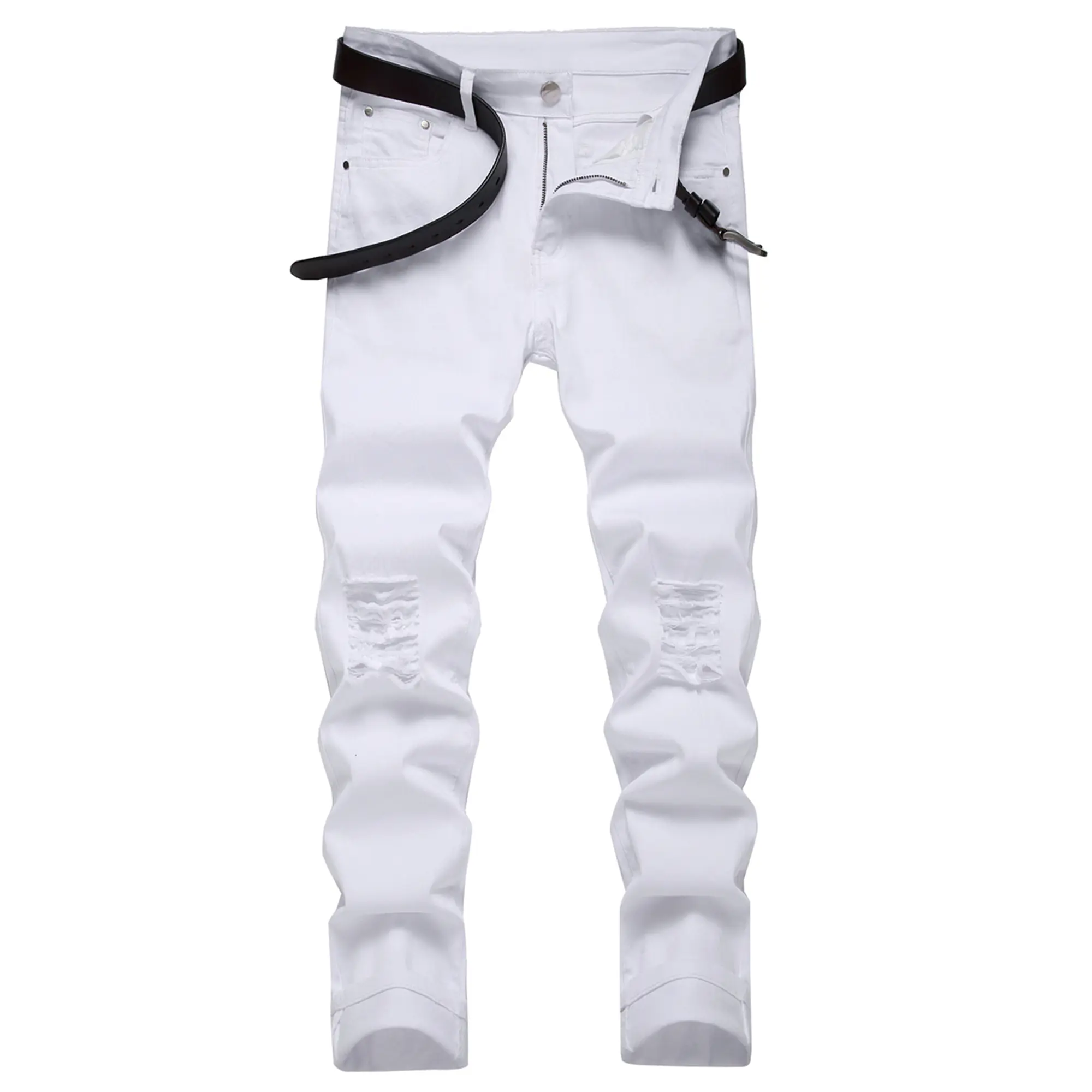 Menswear Elastic Skinny Denim Jeans - Asia Sizing, Plain Chic Wear, Broken-In Edge, Medium Weight, Stretch Pencil Trousers, Destroyed Look, Spring Streetwear Bottoms