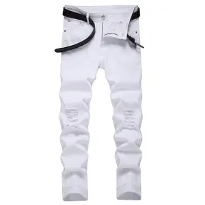 Men Streetwear Fashion Stretch Holes Skinny Jeans Trousers Simple style Male Destroyed Solid Sim Fit Pencil Denim Pants