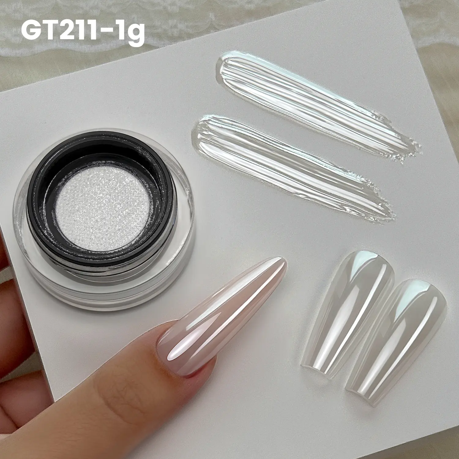 YOKEFELLOW GleamTap Cushion Chrome Nail Powder 1g GT211 Magic White Nail Chrome Powder Magic Mirror Effect Super Shine Chrome Powder Mirror Powder Nail Art Glitter Decoration for Home DIY Salon Manicure