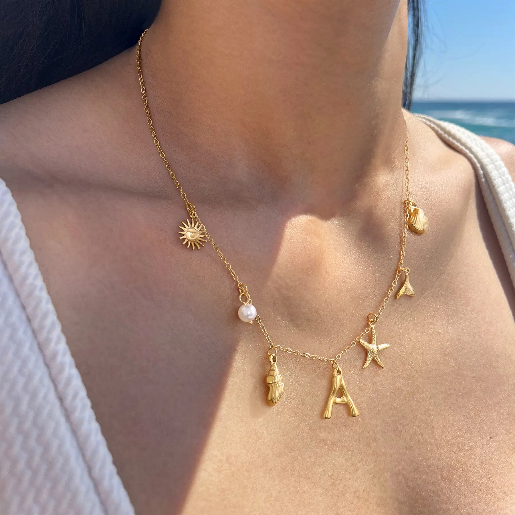 Gold Initial Charm Necklace for Women 14K Gold Plated Boho Beach Surfer Necklaces Dainty Seashell Starfish Pearl Pendant Necklace Gold Jewelry for Wom