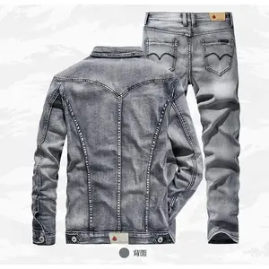 Men 2 piece sets new simple autumn smoky gray long sleeve jacket + jeans fashion slim couple suit summer two pieces et clothes formal(Sheets)