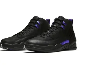 Black High-Top Sneakers with Vibrant Purple Accents  Bold Color Blocking & Textured Upper  Statement-Making Streetwear Kicks