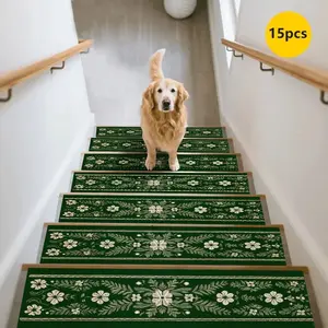 15pc Floral Stair Mats Non-Slip Durable Home Carpet, Flower Pattern Rugs, European Style Stair Decorative Pads, Comfortable Stair Step Pads