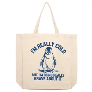 Women’s Funny Penguin Canvas Tote Bag, Cute Winter Animal Graphic Sports Outdoors Bag for Shopping, Travel, Daily Use and Gift Ideas