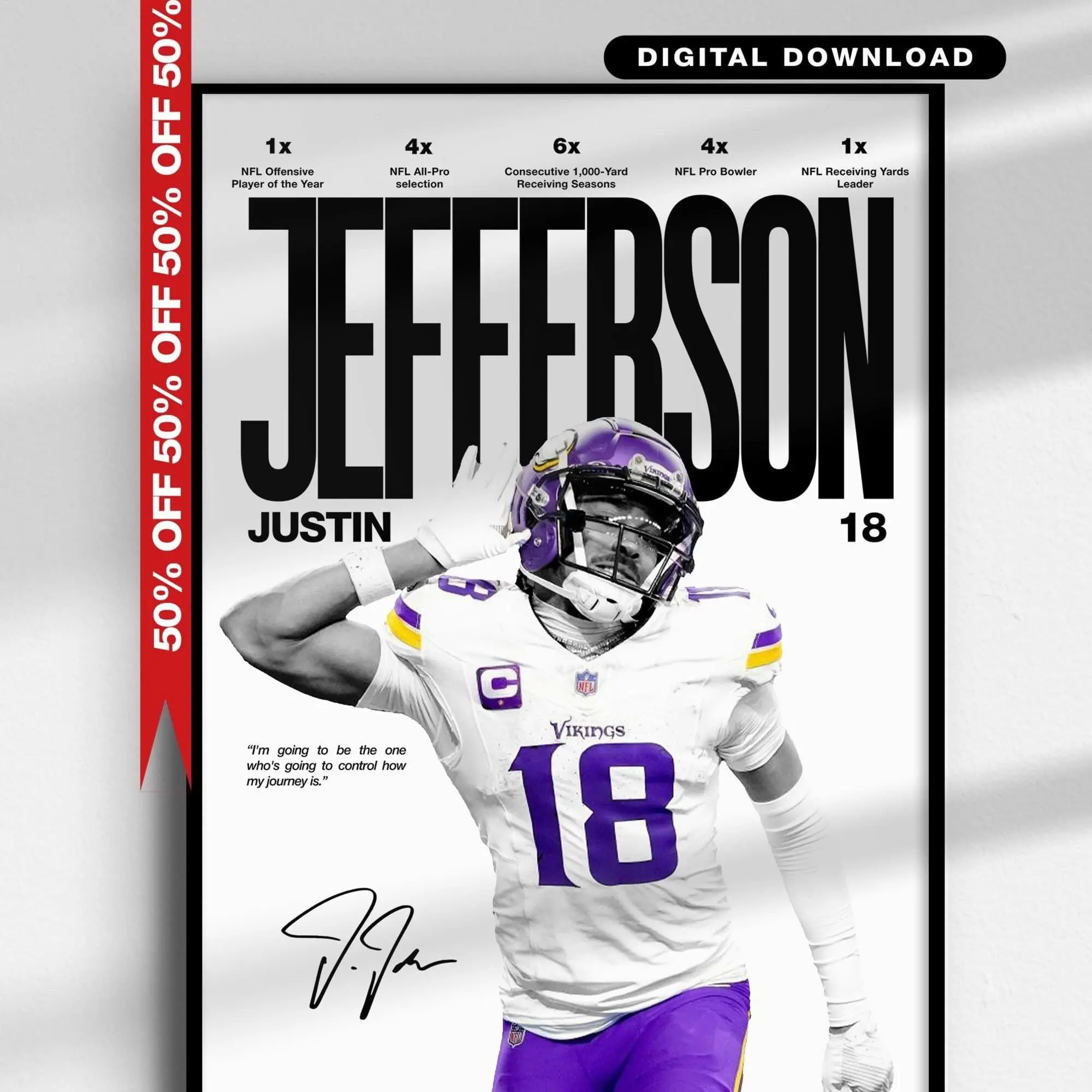 Justin Jefferson Poster, Minnesota Vikings Football Wall Art, NFL Star Wide Receiver Print, Minimalist Sports Poster, Football Fan Gift