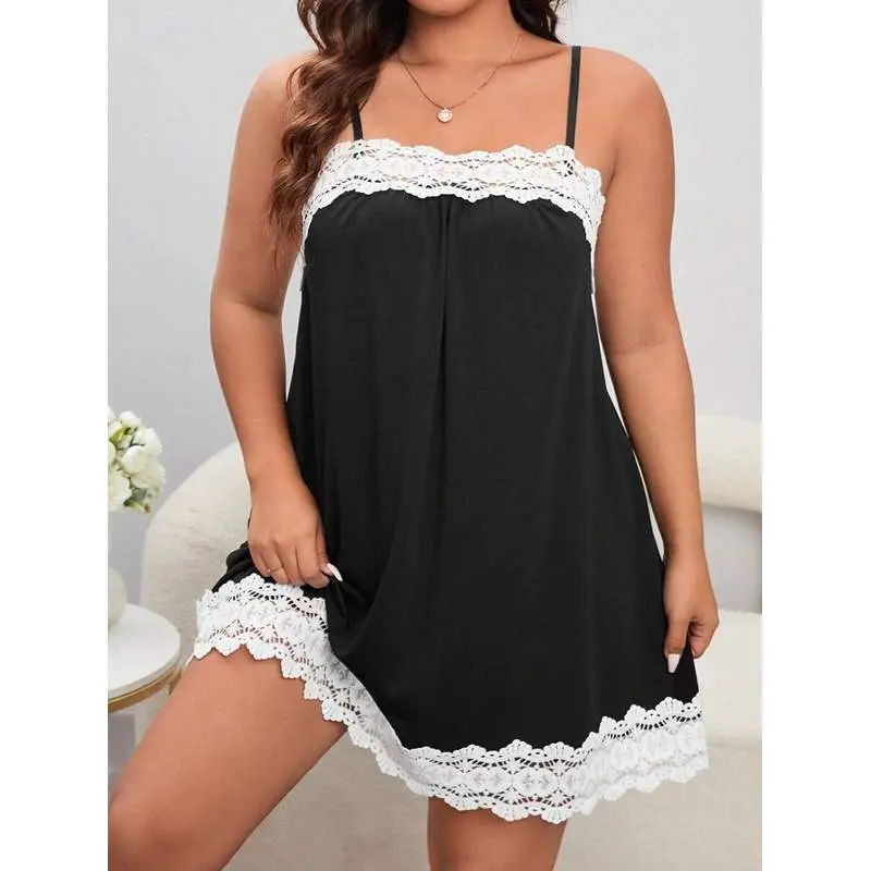 Plus Contrast Lace Cami Pajama Nightdress, Moo Moo Night Dress