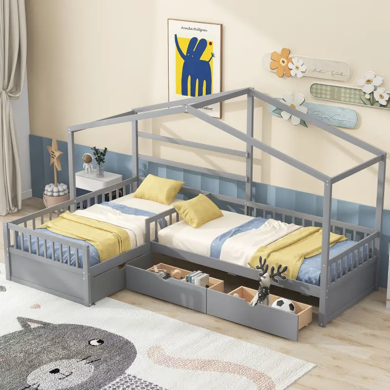 House Bed Double Twin Beds, Wood L-Shaped 2 Twin Platform Beds with 3 Storage Drawers,Montessori Bed with Roof,Fence and Slatted Design, Corner Playhouse Bed Frame