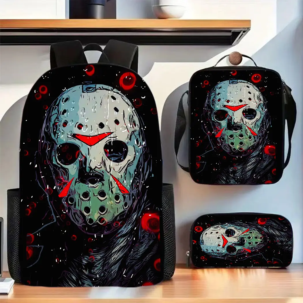 Kids' Unisex 3-Piece Horror Icon Jason Voorhees Print Backpack Set - 600D Oxford Cloth, Lightweight, No Wheels, 15-in Laptop Fit, Insulated Lunch Box for School Lunches, Zipper Closure, Jason Mask, Shoulder Strap, Hand Wash Only, for Kids Who Love Horror