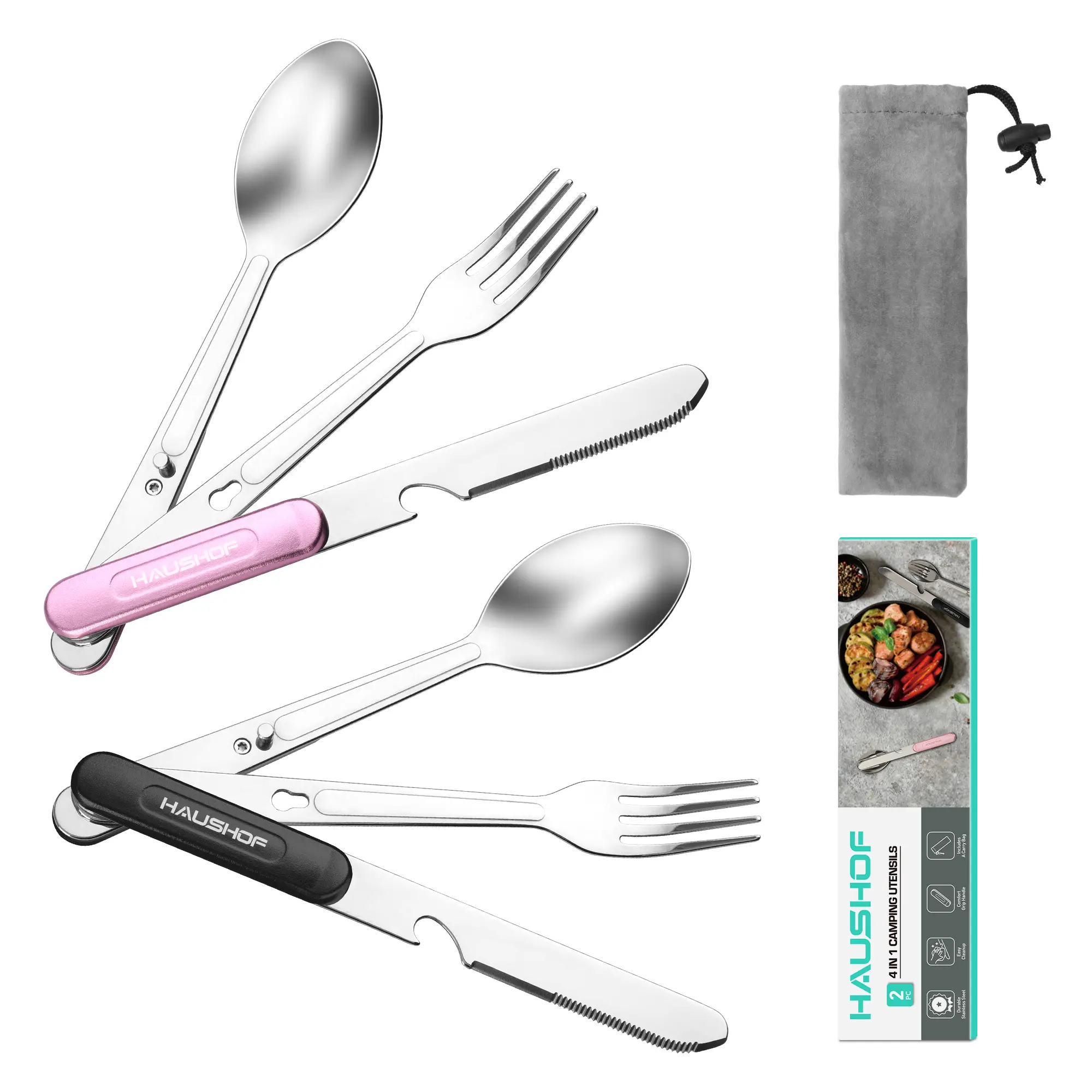 #summersale HAUSHOF 2-Pack 4-in-1 Camping Utensils, Stainless Steel Camping Eating Utensils with Carrying Bag, Detachable Spoon, Fork, Knife, Bottle Opener - Travel Utensil Set for Hiking, Picnic, Barbecue