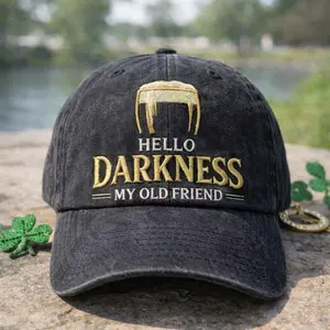 Hello Darkness My Old Friend Embroidered Wash Hat St Patricks Day Irish Shamrock Beer Lover Dad Cap Vintage Distressed Black Hat Funny Drinking Party Outfit Pub Crawl Festival Gift for Men Women