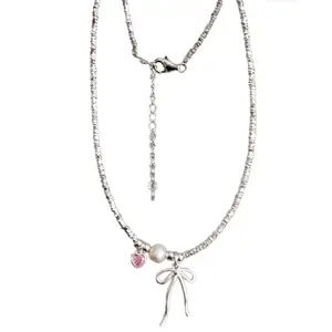 Delicate Bow Beaded Necklace with Bowknot Pendant Adjustable Chain for Women