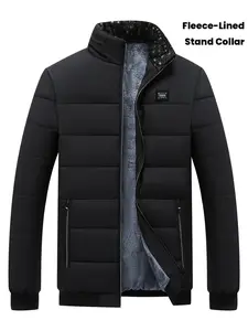 Men's Warm Lined Winter Jacket - Casual Stand Collar Coat with Pocket Zipper, Machine Washable