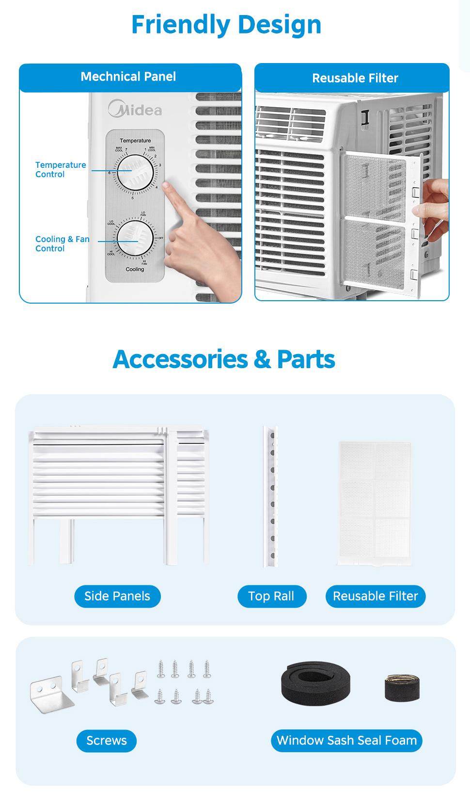 Midea 5,000 BTU EasyCool Mechanical Small Window Air Conditioner - Cool up to 150 Sq. Ft. AC with Easy-to-Use Mechanical Controls and Reusable Filter, Perfect for Small Bedroom, Living Room, Home Office, New Arrivals Midea 5,000 BTU EasyCool Mechanical Small Window Air Conditioner - Cool up to 150 Sq. Ft. AC with Easy-to-Use Mechanical Controls and Reusable Filter, Perfect for Small Bedroom, Living Room, Home Office, New Arrivals