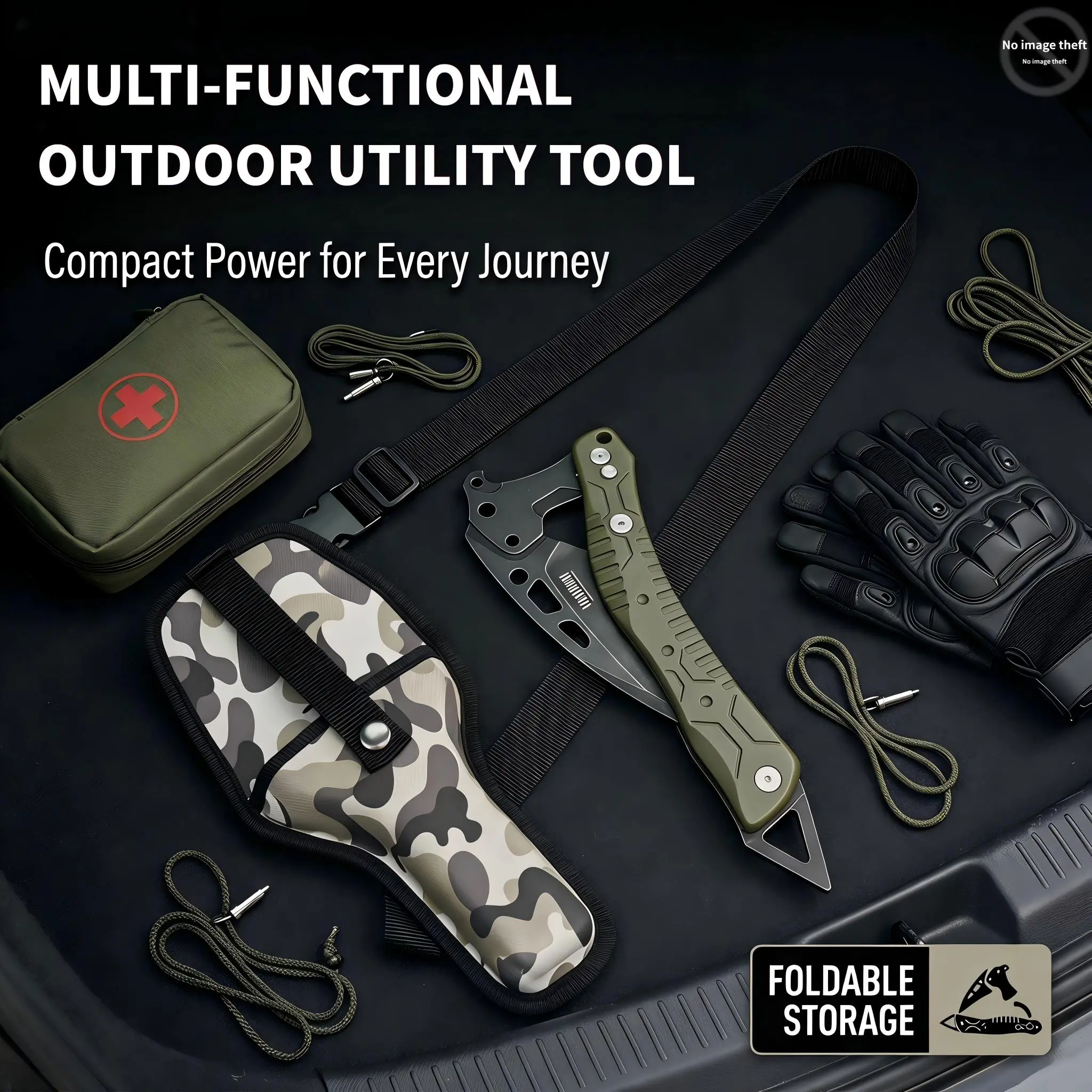 Portable Outdoor Folding Multi-Tool - Manual Foldable, Emergency Window Breaker, Walnut Cracker, with Camouflage Pouch, Ideal for Camping, Hiking