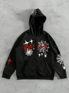 Unisex Loose Spider Web & Letter Print Hoodie, Fall Winter Streetwear, Warm Lining, Long Sleeve Zipper Pullover, Gift for Husband Boyfriend