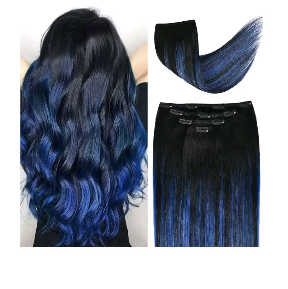16" Clip in Hair Extensions Remy Human Hair Blue Balayage for Women - Silky Straight 100% Real Human Hair 55grams 4pieces #(1B/Blue)