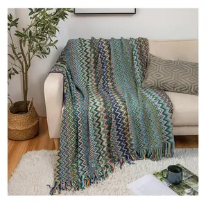 Boho Teal Aztec Pattern Knitted Fringed Blanket Throw throw quilt big  blanket