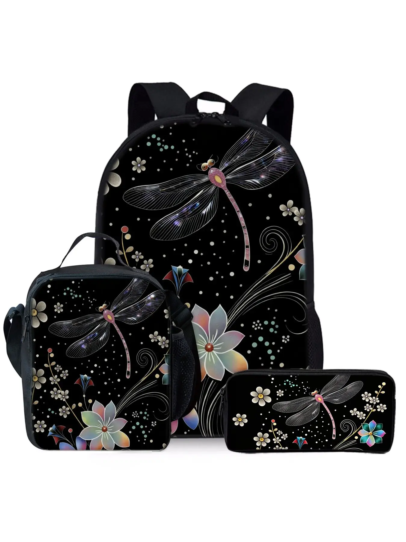 Dragonfly Flower Printed Backpack 3-Piece Set Includes Lunch Bag and Pen Case