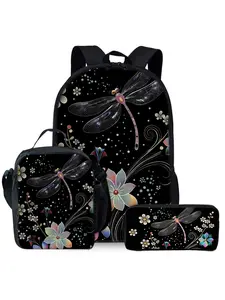 Dragonfly Flower Printed Backpack 3-Piece Set Includes Lunch Bag and Pen Case