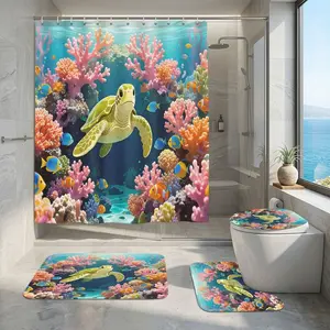 【Ocean Theme】Shower Curtain Set – Vibrant Coral Reef with Sea Turtle & Tropical Fish Pattern Print Bathroom Decor – 4 Piece Bath Set with Mat – Waterproof, Non-Slip Bathroom Rug Set – Summer Vacation, Beach House