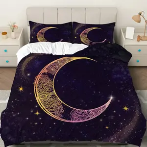 3PCS Duvet Cover Set, 1 Duvet+2 Pillowcases(Without filler), Moon Starry Night Sky Cosmic Celestial theme, Perfect Halloween bedding set, Moonstar Design Suitable for decoration bedroom, guest room, dormitory, apartment.