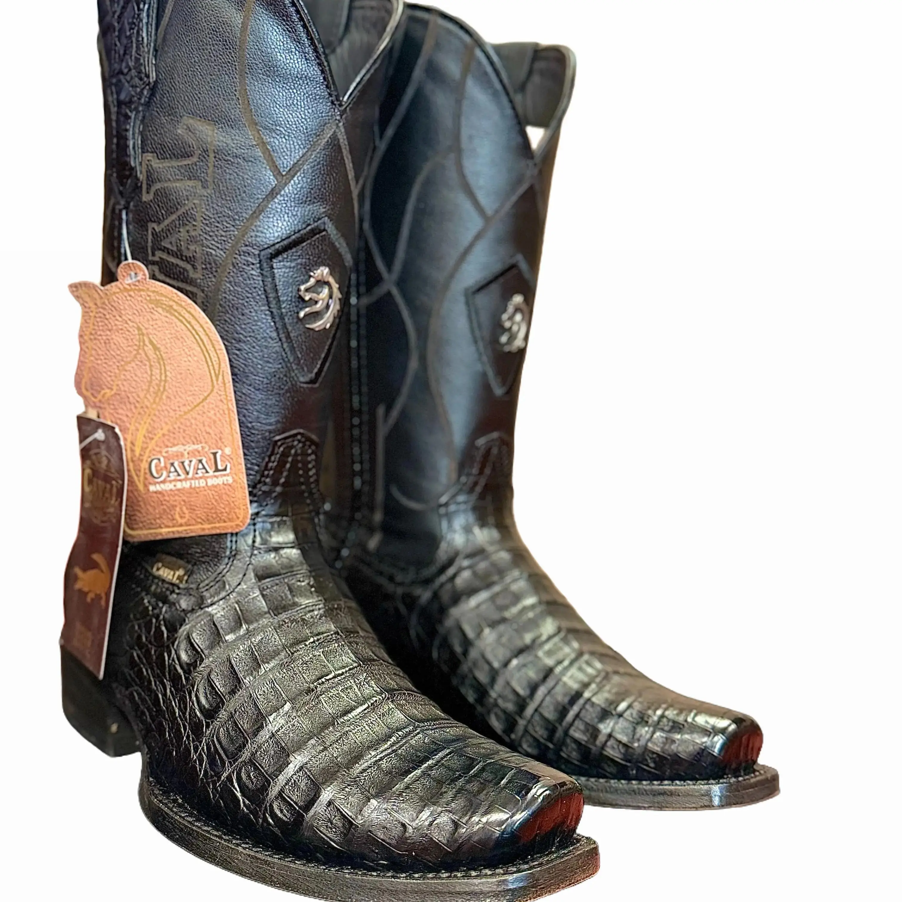 Mens Black Caiman Belly Original Leather Boots Semi Square Toe