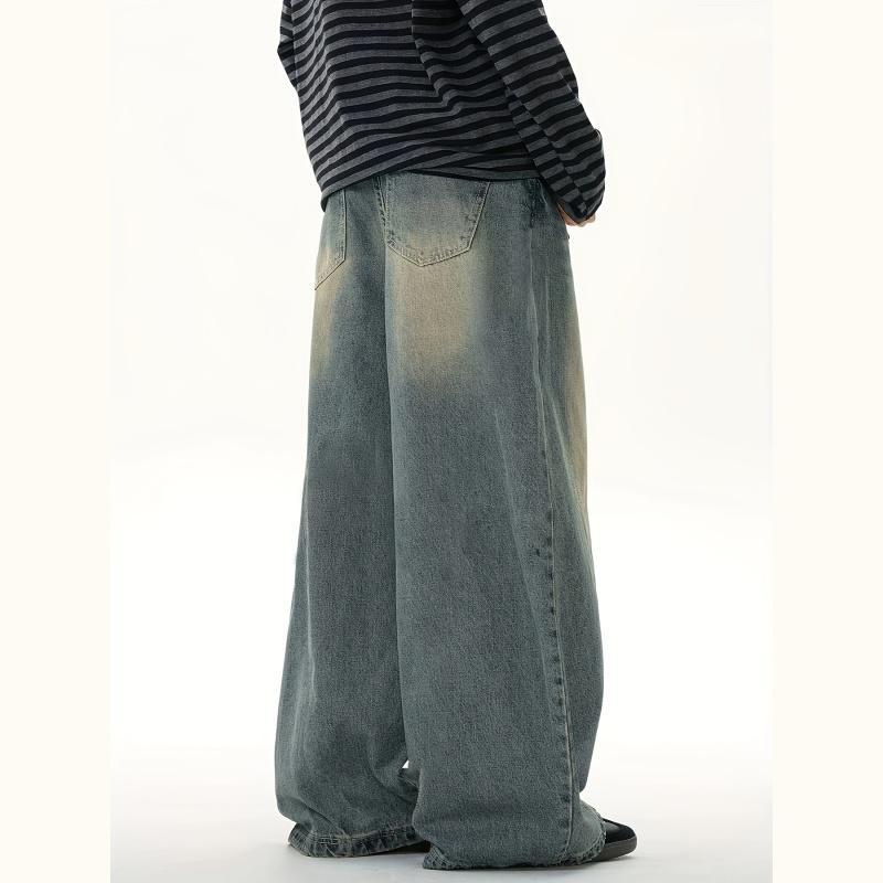 Clean Gent Vintage Washed Jeans Men's Loose Fit Wide Leg Denim Pants American Street Style Casual Trendy All Season Apparel