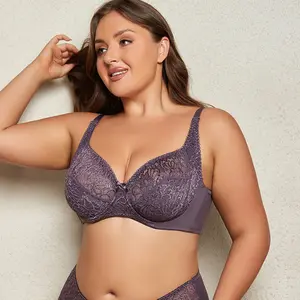 Enchante Floral Lace Plus Size Underwire Unlined Unpadded Minimizer Full Coverage Bra Women's Wear Comfortable Breathable Mesh Cup