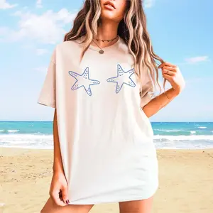 Seashell Bra T-Shirt, 4th of July Mermaid Bra Sea Stars T-Shirt, Seashell Summer Outfit, Vacation Tee Beach T-Shirt Cute Summer Shirt