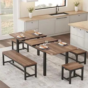 Dark Brown 5-Piece Dining Table Set for 4-6, 63" Extendable Dining Room Table Set for 4,Dining Table Set for 6 with Metal Frame,Kitchen Table & Chairs Set with 2 Benches and 2 Stools,Ideal for Small Space-Walnut