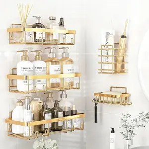 5-Pack No Drill Corner Shower Caddy, Food-Grade Stainless Steel Rustproof, Strong Traceless Adhesion, Toothbrush Soap Holder & Hooks, Renter-Friendly Damage-Free, Space-Saving for Bathroom Kitchen Dorm, Ideal Valentine’s Day Practical Gift