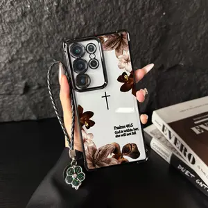 Premium Plating Edge Bible Verse Case With Hand Strap For Samsung Galaxy S25 S24 S23 S22 PLUS ULTRA FE iPhone 17Pro Max Air 16 15Plus 14 13 12 11 XR XS Aesthetic Cross Floral Case For Religious Women Daily Decor.NN129-2