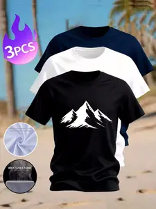 3-Pack Men's Mountain Print T-Shirts, Casual Crew Neck Short Sleeve Tees, Breathable Quick-Dry Summer Tops for Outdoor Hiking