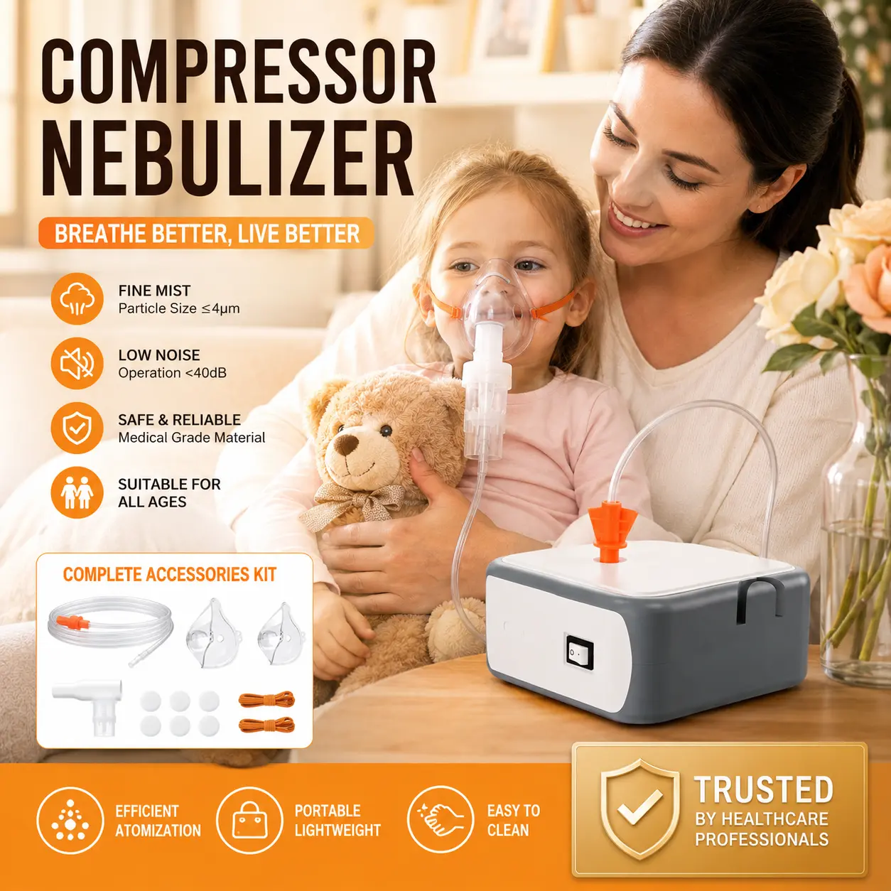 Portable Air Compressor Nebulizer Machine Kit, Ultra-Lightweight 0.46lb Handheld Breathing Machine with Adults Kids Masks & Mouthpiece, $\le$4$\mu$m Fine Mist Quiet Nebulizer for Cough, Asthma Relief
